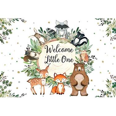 Imagem de Pano de fundo para chá de bebê Woodland 3 x 2 m Welcome Little One Baby Shower Party Fotos de animais da floresta para meninos e meninas pano de fundo para chá de bebê floresta revelação de gênero