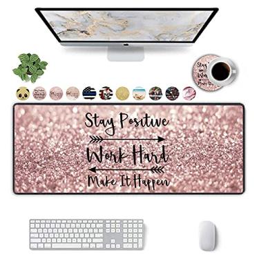 Imagem de Mouse pad grande para jogos estendido que permanece positivo, trabalho duro e faz acontecer, mouse pad rosa dourado e prateado com glitter com base antiderrapante, suporte de mesa adequado para jogadores de mesa, escritório + porta-copos