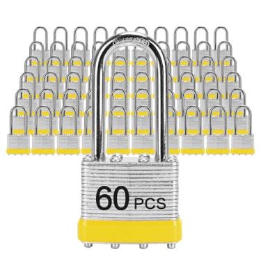 Imagem de Cadeados com a mesma chave, LQYN 60 peças de cadeado laminado com chave (1-9/16 polegadas, 40 mm), fechaduras semelhantes com chave, manilha longa, para armário de armazenamento, trava de ferrolho,