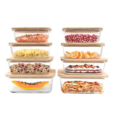 Imagem de kit 8 potes de vidro com tampa de bambu hermético marmita retangulares - Tud