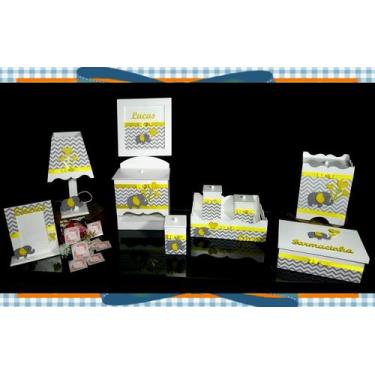 Imagem de Kit Higiene bebê Mdf 10 peças -  CHEVRON CINZA COM ELEFANTE AMARELO - 
