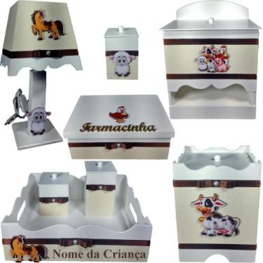 Imagem de Kit farmacinha Higiene bebê Mdf  8 pçs - Fazendinha branco palha - Flo