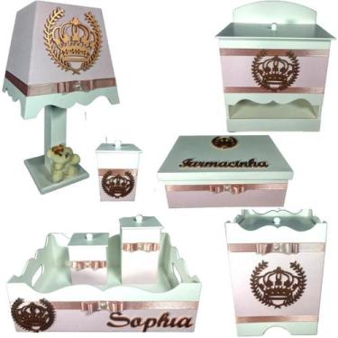 Imagem de Kit Higiene bebê Mdf menina 8 pçs - ROSÊ DE COROA - Flores para Mariae