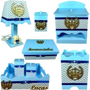 Imagem de Kit Higiene bebê Mdf farmacinha 8 pçs - AZUL BB CHEVRON CINZA DE COROA