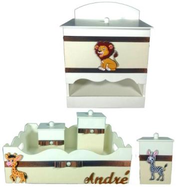 Imagem de Kit de Higiene de bebê madeira Mdf Menino 5 pçs - SAFARI BRANCO COM PA