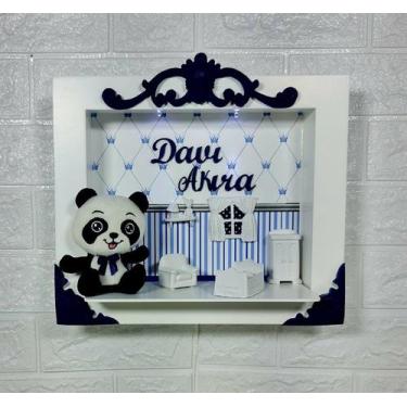 Imagem de Quadro de Porta Maternidade Cenário Led  e nome - URSO PANDA BRANCO E 