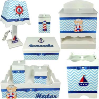 Imagem de Kit Higiene bebê Mdf 8 pçs menino - URSO MARINHEIRO CHEVRON AZUL BB - 