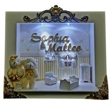 Imagem de Quadro Enfeite De Porta Maternidade Cenário Led - GEMEOS BRANCO CREME 