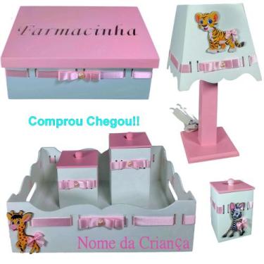 Imagem de Kit de Higiene para quarto de bebê menina madeira Mdf 6 pçs - Safari b