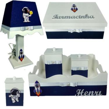 Imagem de Kit de Higiene de bebê madeira Mdf menino 6 pçs - Astronauta Branco e 