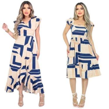 Imagem de Kit 2 Vestido Feminino Longo/Midi Manga Evasê Babado Barra Malha Visco
