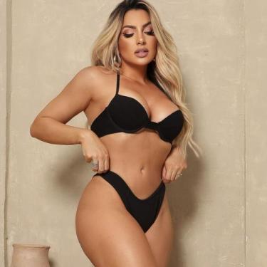 Imagem de conjunto de Biquini top com bojo meia taça e calcinha cintura alta tan