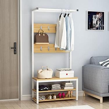 Imagem de Cabide de cabide de metal requintado com banco de sapatos, suporte de cabide de metal com banco de sapatos, suporte de casaco de 100 x 30 x 172 cm com sapateira de 2 camadas e 10 ganchos, entrada 3 em