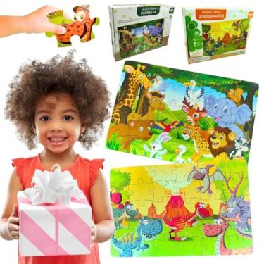 Imagem de Kit 2 Quebra Cabeças Infantil Dinossauro Dino Floresta 30 Peças Grandes Desenvolvimento Inicial para criança 3 anos Coordenação Motora Raciocinio Brinquedos Educativos Escolar Presente Menino Menina