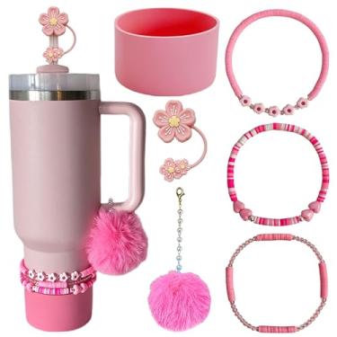 Imagem de Acessórios para Stanley 1,134 g, 3 pulseiras de contas para Stanley Cup, 1 bota de silicone para copo Stanley, 1 tampa de cobertura de canudo para garrafa de água Stanley, 1 pingente de bola pompom