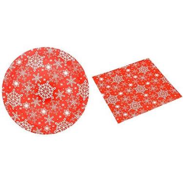 Imagem de Conjunto de pratos e guardanapos de papel vermelho com flocos de neve brancos serve 18