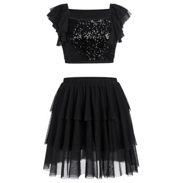 Imagem de AFAVOM Fantasia feminina de dança lírica com lantejoulas + saia lírica roupa moderna de dança contemporânea, Preto, X-Small