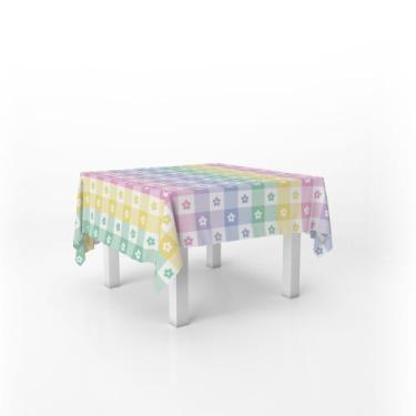 Imagem de Toalha De Mesa Quadrada Infantil Tecido Oxford Xadrez Colorido Flores 