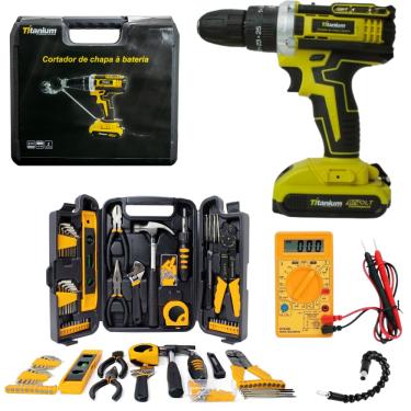 Imagem de Parafusadeira a Bateria 21v com 35 Acessórios e Cortador de Chapa + Kit de Ferramenta com 129 pcs Fasterr