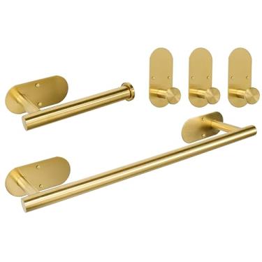 Imagem de TocTen Conjunto de barra de toalha autoadesiva de 5 peças, conjunto de ferragens de banheiro de aço inoxidável inclui toalheiro, suporte de papel higiênico, 3 pacotes de ganchos de toalha, kit de