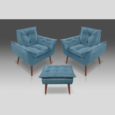 Imagem de Kit 02 Poltrona Opala Com Fibra Siliconada + 01 Puff Opala Suede Azul Tiffany- Pandora Decor