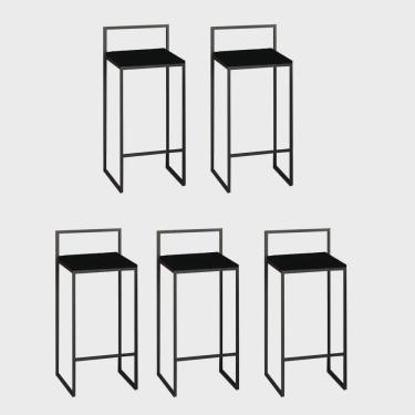 Imagem de Kit 05 Banquetas Alta Com Encosto Lino Industrial Balcão Bistrô Ferro Preto mdf Madeira Preto - Ahz Móveis