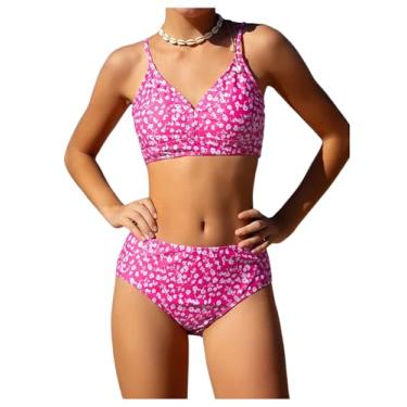 Imagem de GORGLITTER Conjunto de biquíni floral de 2 peças para meninas com sutiã e cintura alta, rosa, 16 Anos