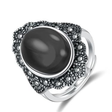 Imagem de Anel de junta empilhável de cristal preto gótico, anéis de pedra de ágata Boho para mulheres, vintage, oval, natural, pedra preciosa, bijuteria, Liga de aço, Sem pedra preciosa