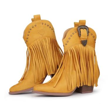 Imagem de Hawkwell Botas De Cowboy Com Franjas Femininas, Bico Fino, Estilo Cowboy, Botinhas Estilo Western, Camurça Amarela, 8 M Eua