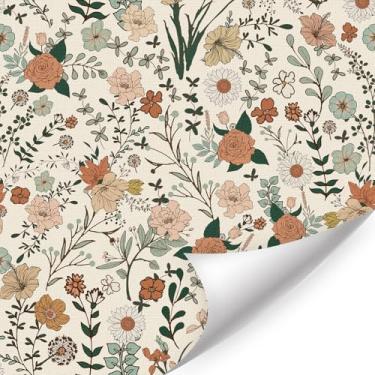 Imagem de LHIUEM Papel de parede colorido Spoonflower Peel and Stick (17,3 x 118") Papel de parede floral rosa margarida flores botânicas murais de flores bege papel removível de flores silvestres moderno para
