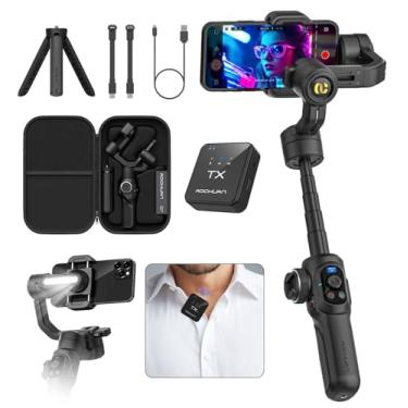Imagem de Estabilizador Gimbal para smartphone S2 Pro com microfone de lapela sem fio, haste de extensão embutida de 18 cm e luz de preenchimento, gimbal profissional de 3 eixos para iPhone e Android para