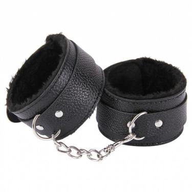 Imagem de Algema Bracelete em Couro Macio com Pelúcia Aveludada e Corrente Cromada 5,5cm x 9cm Fivelas Ajustáveis (PRETO)