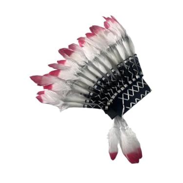 Imagem de YIJU Chapéu de índio chefe, cocar de penas, faixa de cabeça exclusiva para adultos, para apresentações no palco, Branco Preto Vermelho