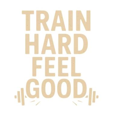 Imagem de Adesivo Motivacional para Notebook 'Train Hard Feel Good', Dourado, Design Fitness com Halteres (6, 11x11cm)