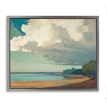 Imagem de Stupell Industries Nuvens iluminadas pelo sol sobre a praia cinza flutuante tela moldura arte design de parede por Elara Yasna, 21 x 17