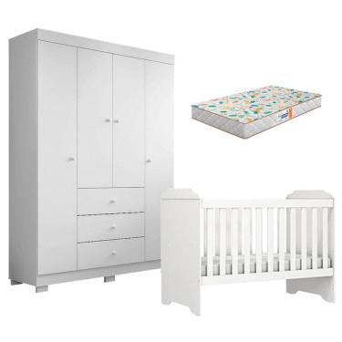 Imagem de Berço Americano Mini Cama Mel e Guarda Roupa Duda 4 Portas Branco Brilho com Colchão Gazin - Phoenix Baby