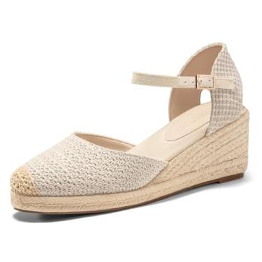 Imagem de Coutgo Sandálias femininas plataforma plataforma, alpargatas, ráfia, bico fechado, salto e fivela no tornozelo, sapatos de praia de verão, Bege, 41