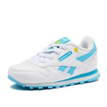 Imagem de Reebok Tênis de couro clássico para meninas e meninos para crianças, crianças pequenas ou grandes, tênis para meninas ou meninos, Branco infantil/azul digital/amarelo elétrico, 19