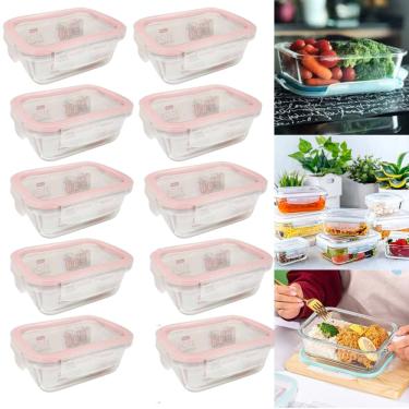 Imagem de Kit 10 Pote Vidro Mantimentos Hermética Tampa Com Trava Silicone Rosa Marmita 370ml