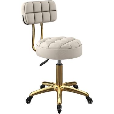 Imagem de Banco De Bar Rolante De Metal Dourado Titânio - Ajustável 39-50 Cm, Cadeira Giratória Com Encosto, Rodas - Perfeito Para Salão De Beleza, Maquiagem De Balcão - Design De 5 Garras, White