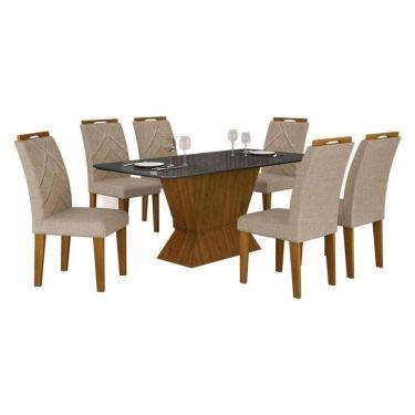 Imagem de Mesa De Jantar Larissa 180x90 Freijó Chumbo Com 6 Cadeiras Mdf Freijó Linho Palha - Leifer Móveis