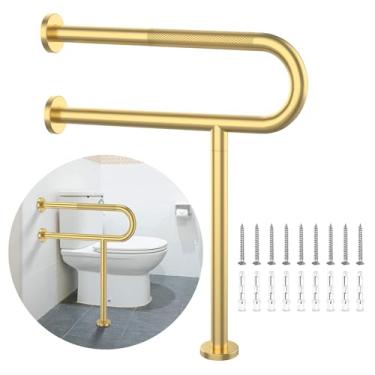 Imagem de Trilho de suporte de vaso sanitário de 59 x 71 cm, barra de apoio Munzong dourada antiderrapante para banheiro, corrimãos de segurança serrilhadas de aço inoxidável com perna para grávidas com