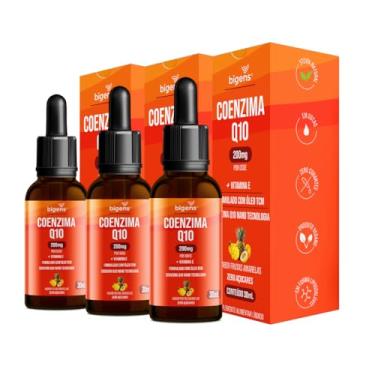 Imagem de Coenzima Q10 200mg com Vitamina E e Óleo TCM, Sabor Frutas Amarelas, Zero Açúcares, Kit 3x 30ml Bigens.