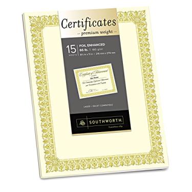 Imagem de Southworth Certificado Premium Melhorado, 21,6 cm x 28 cm, 30 kg/180 g/m², Marfim, Design Spiro Dourado, 15 unidades – A embalagem pode variar (CTP1V)
