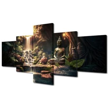 Imagem de TUMOVO Arte de parede para sala de estar, jardim zen com flor de lótus, decoração de casa, estátua de Buda, pinturas de parede, arte Zen Buda, imagens 5 peças, pôsteres e impressões prontas para