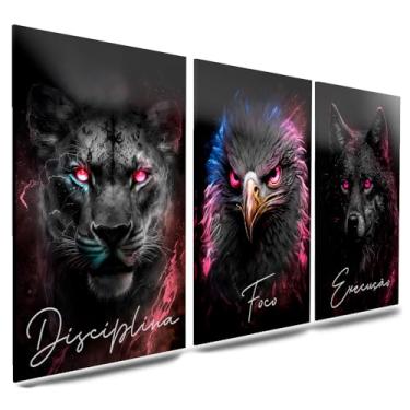 Imagem de Kit 3 Quadro Decorativo Sala Quarto Leão Águia Lobo Motivacional Disciplina Foco Execução (10)