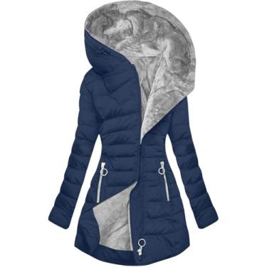 Imagem de Casacos Femininos Forrado De Lã Jaqueta Grossa Térmica Casaco Feminino Com Capuz Zíper Jaqueta Acolchoada Casaco Acolchoado Jaquetas De Inverno Femininas Casaco Acolchoado Gro, Navy, L