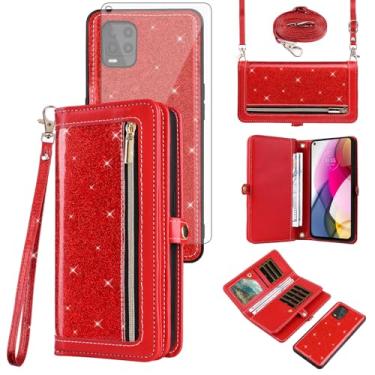 Imagem de Asuwish Capa de celular para Moto G Stylus 5G 2021 com zíper carteira de celular com alça protetora de tela de vidro temperado com glitter, compartimento para cartão Motorola GStylus G5 XT2131DL