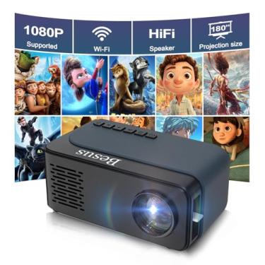 Imagem de Mini projetor, projetor de vídeo HD 1080p WiFi, projetor externo portátil com tripé, presente para crianças, projetor de filmes em casa compatível com USB, AV, smartphone/tablet/laptop (ciano)