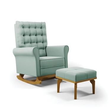 Imagem de Poltrona De Amamentação Com Balanço E Puff Manu Veludo Verde Turquesa Tb112 Base De Madeira D'rossi